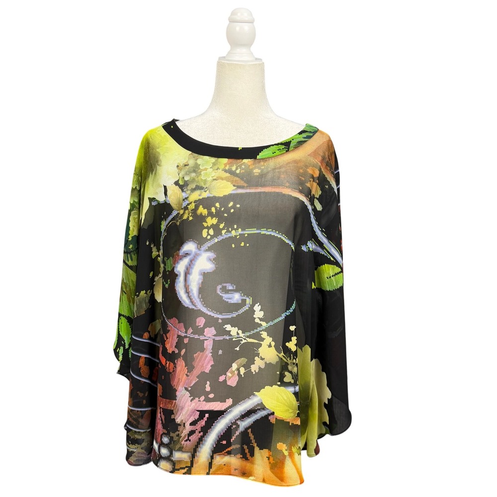 Chicos Poncho Blouse Womens L/XL Black Floral Sheer Chiffon Top Lagom Artsy Boho